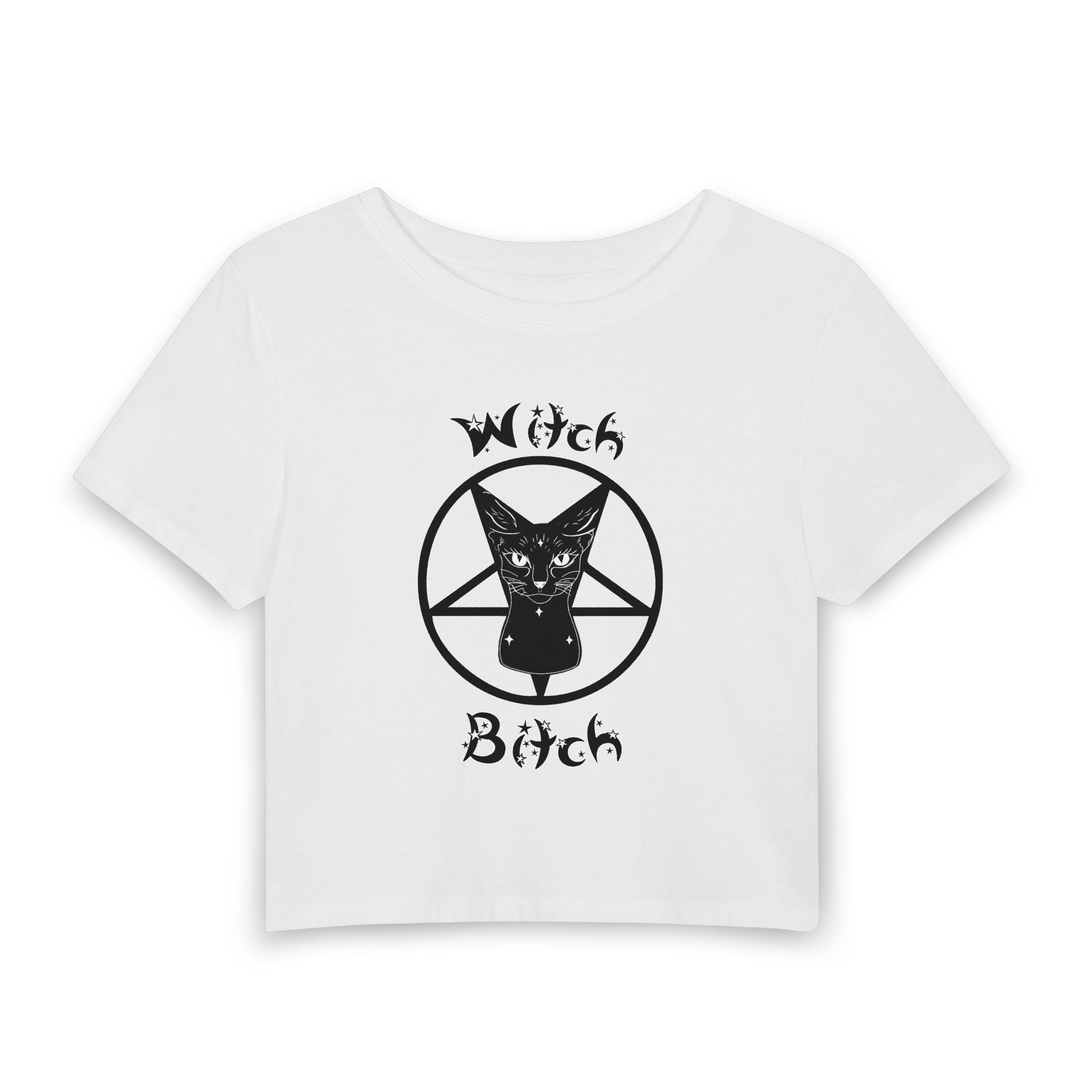 Witch Bitch Crop Tee — Gothic Black Cat Pentagram Baby Tee