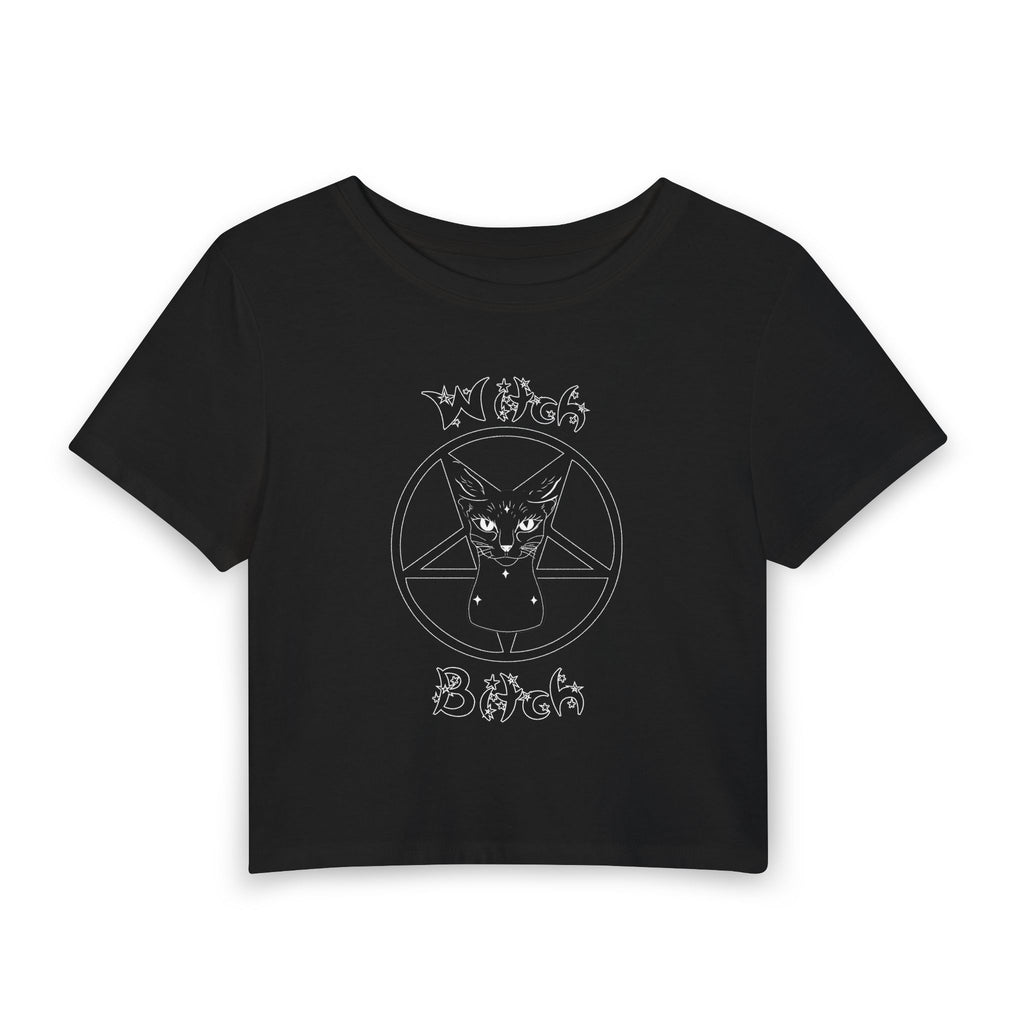 Witch Bitch Crop Tee — Gothic Black Cat Pentagram Baby Tee