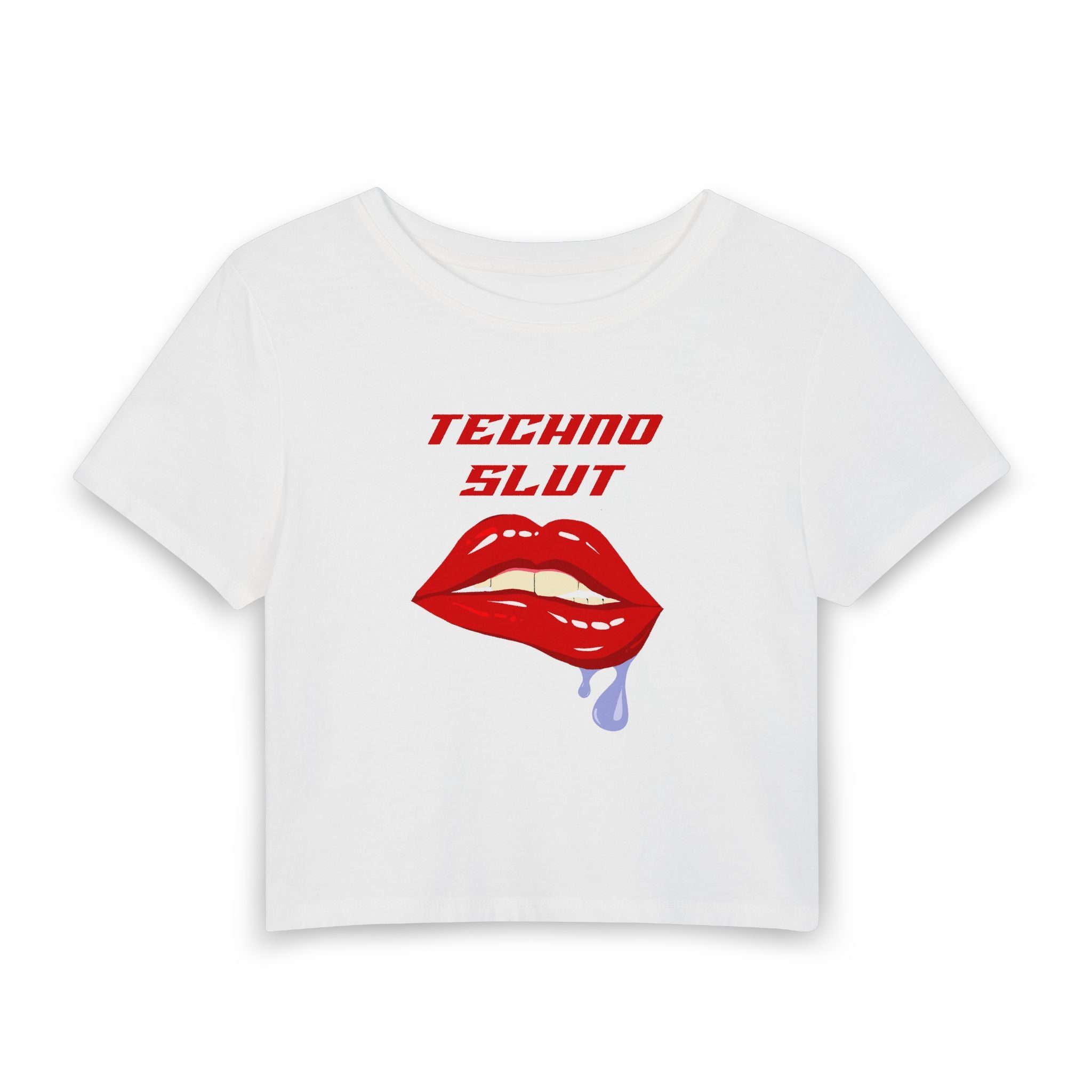Techno Slut Baby Tee-  Retro Lip Bite Graphic Crop Top for Rave & Festival Wear