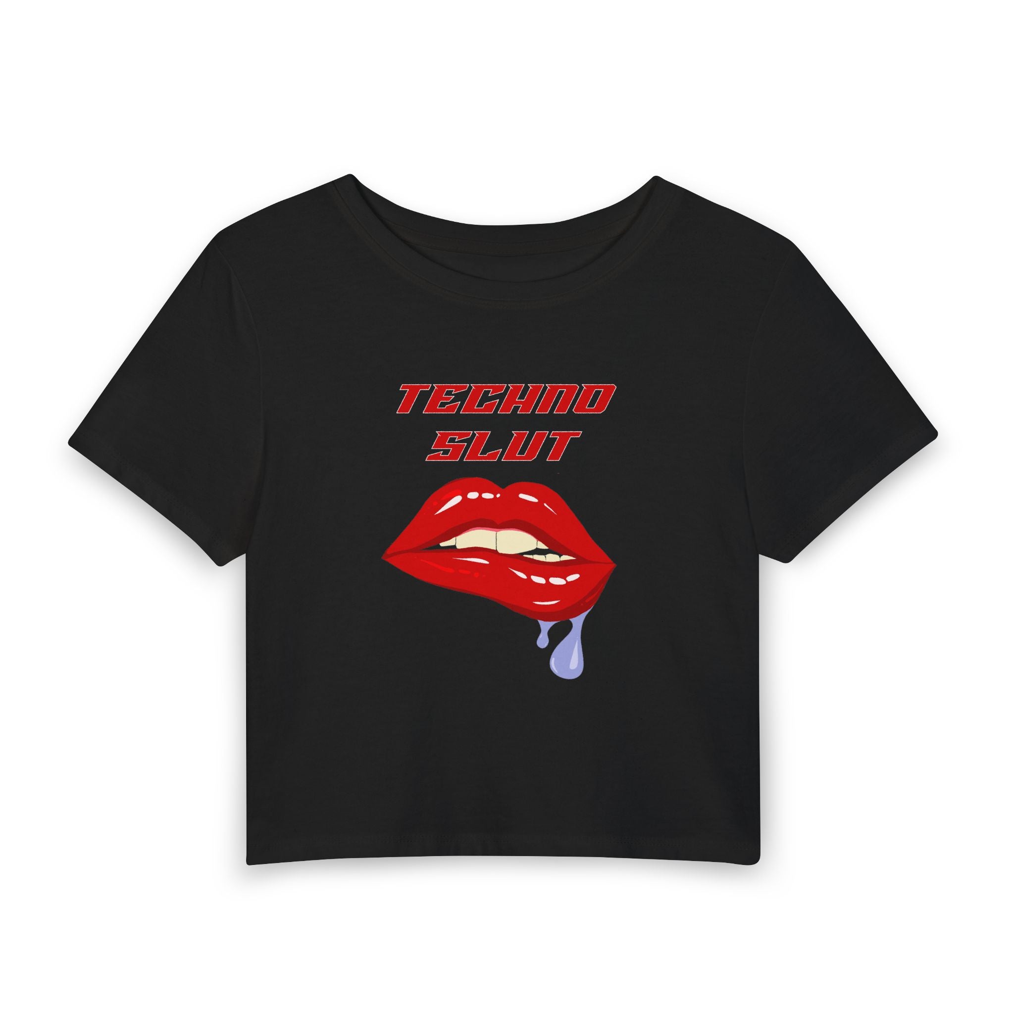 Techno Slut Baby Tee-  Retro Lip Bite Graphic Crop Top for Rave & Festival Wear